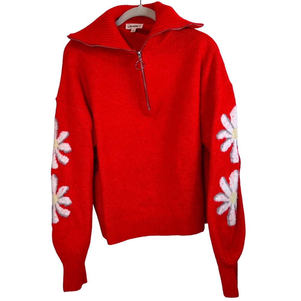 Eesome Red Daisy Sleeve Quarter Zip Sweater Women L Oversized Floral Knit